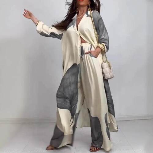 Printed women's cardigan printed top and pants set