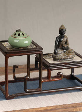 大红酸枝嵌云石长高低花架实木中式原木茶桌边几角几花瓶底座