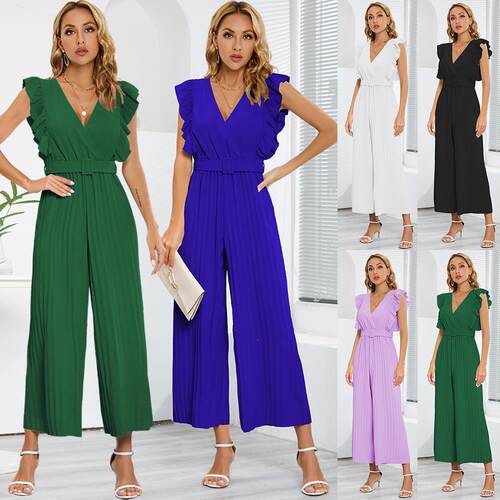 Jumpsuit high waisted sleeveless ruffle collar pleated