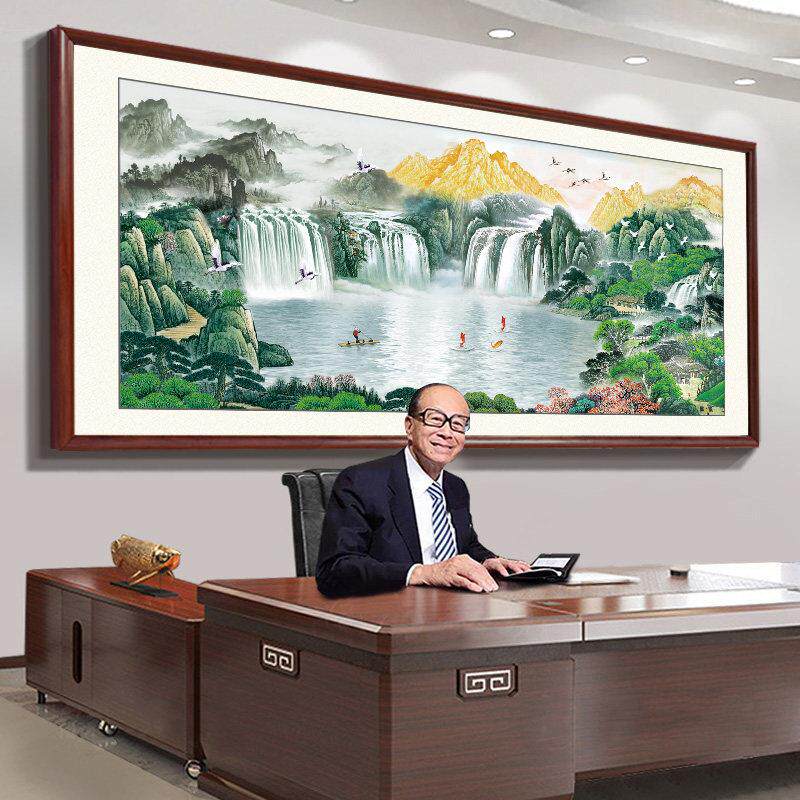 聚宝盆办公室挂画、流水、财富、山水、国画、客厅背景墙装饰、靠