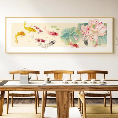 网红新中莲式景图画客厅装鱼饰画沙发背墙壁水墨国画花锦鲤挂画