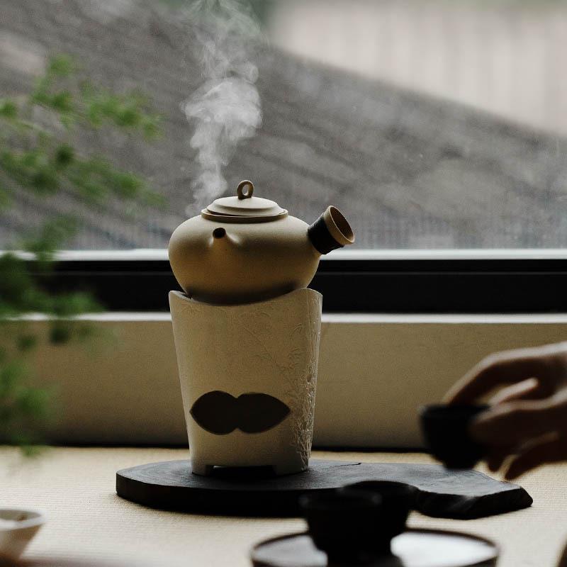 束刻 半手工陶泥白泥复古日式围炉煮茶炉黄段泥紫砂煮茶壶