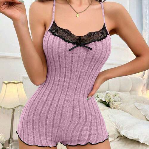 Women Butterfly Patch Backless Lettuce Trim Contrast Lace