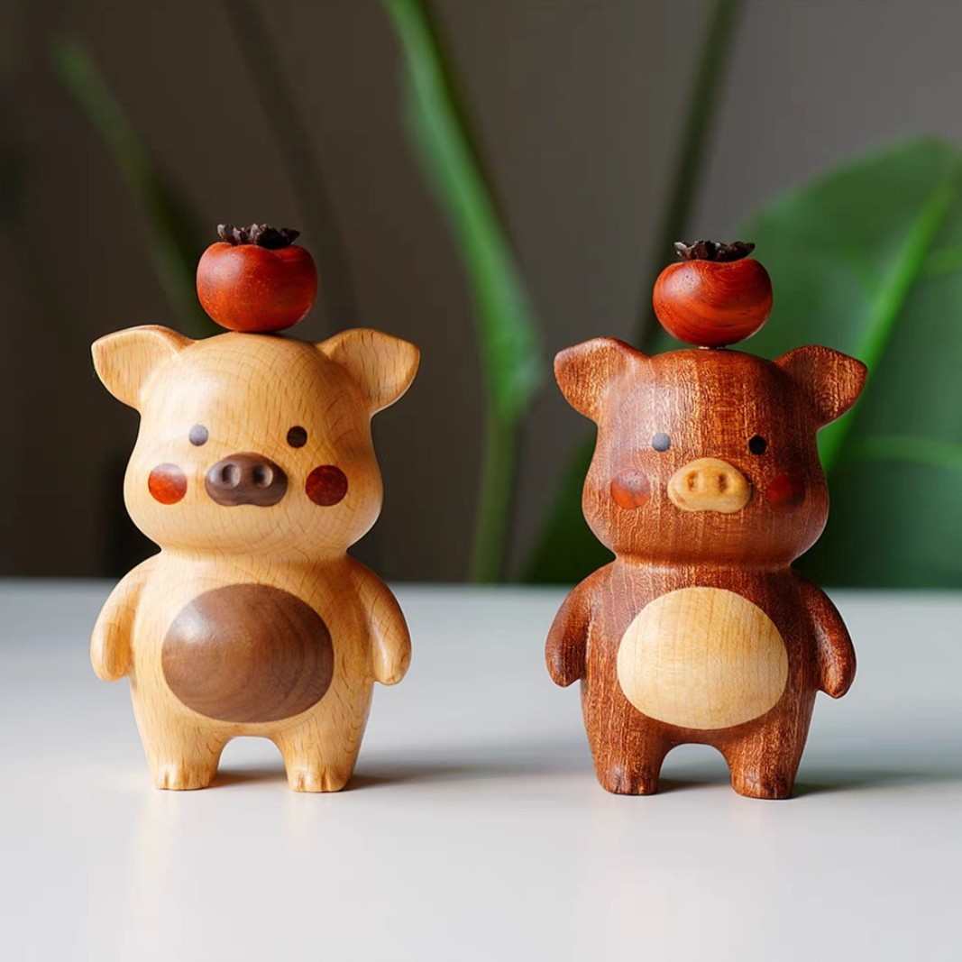 实木猪柿顺利诸事皆宜桌面摆件磁吸柿子牙签盒可爱胡桃木摆件装饰