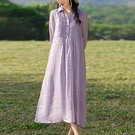 紫色纯苎麻连衣裙2024年春夏季女装，高端气质精致大牌长裙子