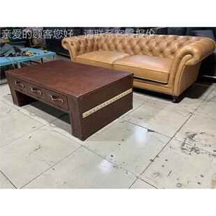 美式式l O f t复皮箱子式角几边几边柜欧家古具床头柜咖41898啡桌