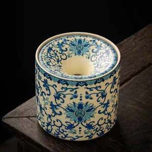 米黄汝窑青花缠枝莲烟灰缸带盖防飞灰建水水盂茶渣缸配件