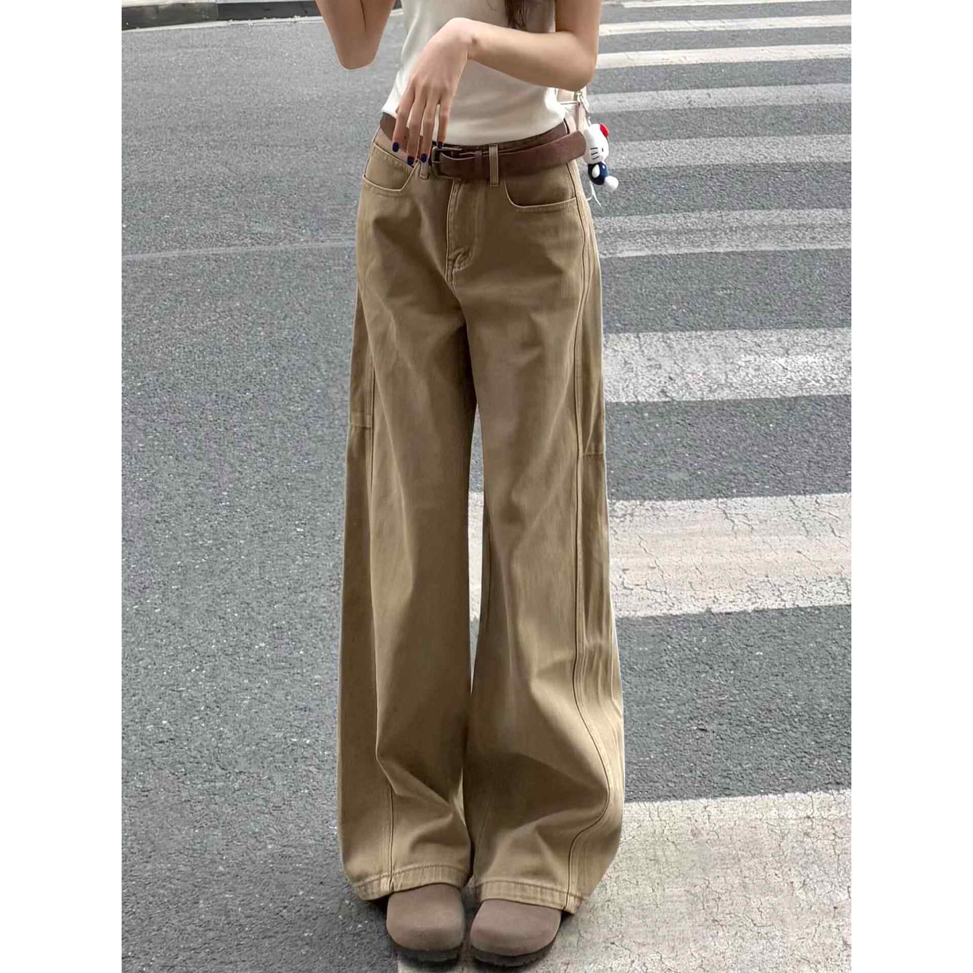 美式覆古卡其色直筒牛仔裤女秋季新款胖妹妹mm高腰宽松显瘦阔腿裤