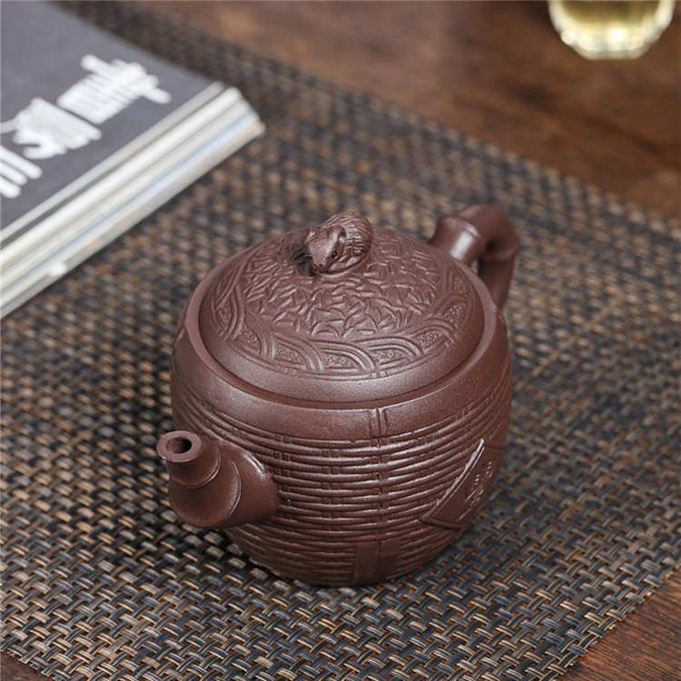 竹编丰收紫砂壶 宜兴原矿紫泥大容量家用紫砂礼品茶壶茶具批发