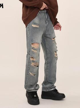 SEAAFIRE 水洗破洞牛仔裤宽松直筒潮牌痞帅炸街裤子硫酸铜穿搭