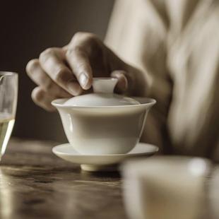 手工薄胎三才盖碗茶杯建白玉瓷功夫茶碗陶瓷茶具泡茶碗家用