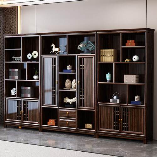 新中式乌金木实木书柜组合家用客厅书房办公室书橱书架别墅中国风
