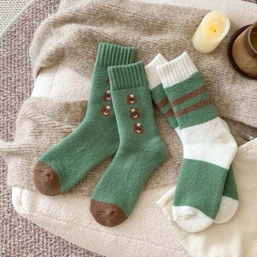 4-Pack Women's Green Accented Striped Winter Thickened