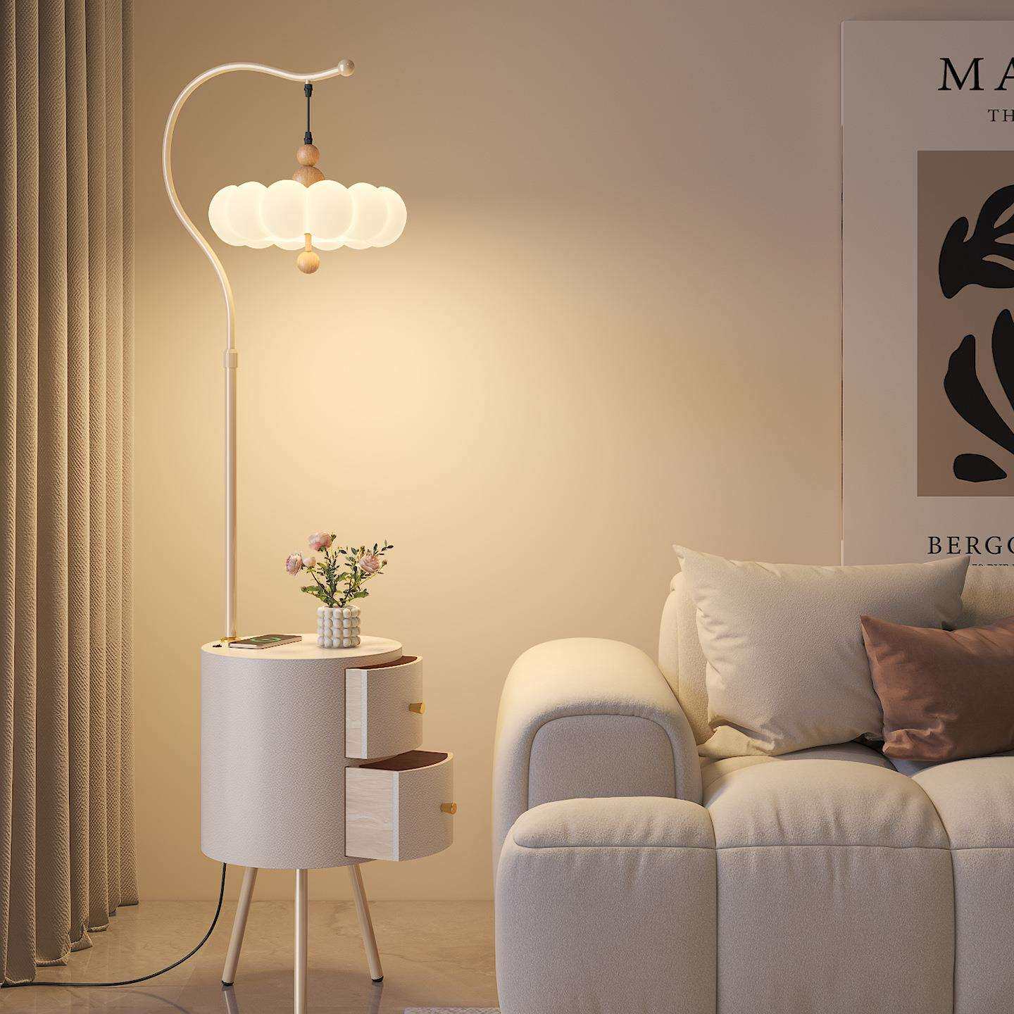 极简奶油风落地灯氛围感中古风客厅沙发旁卧室床头柜一体置物灯具
