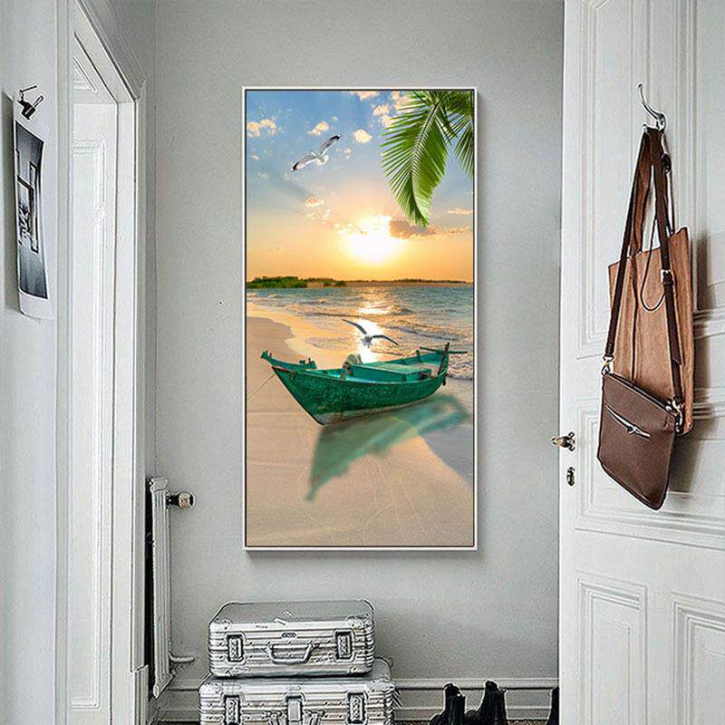 北欧简约海边小船风景装饰画素材客厅三联挂画卧室挂画高清图片