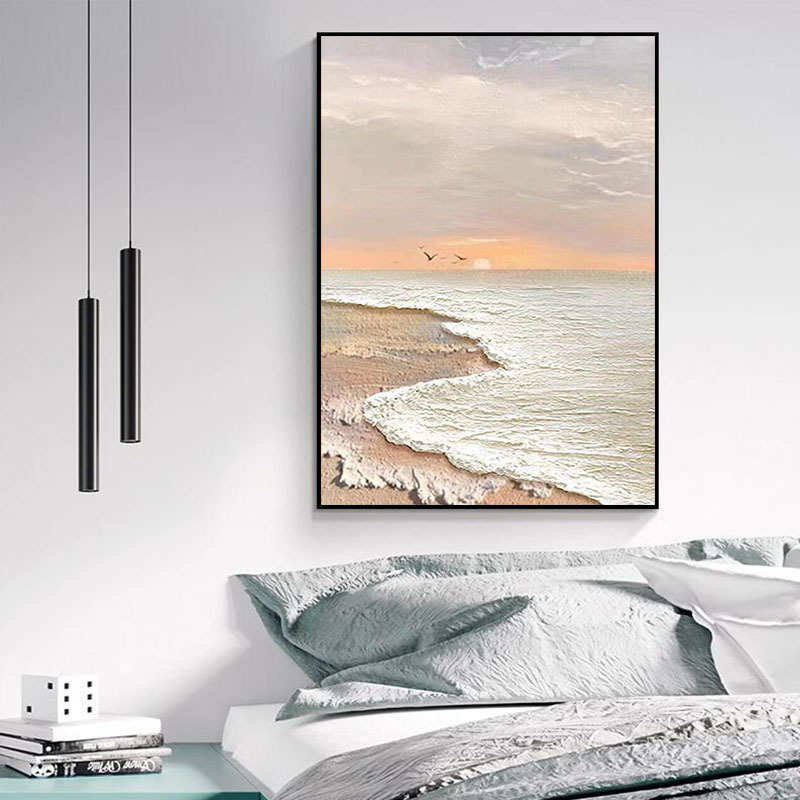 纯手绘油画轻奢奶油风客厅背景墙现代装饰画海景日出风景卧室壁画