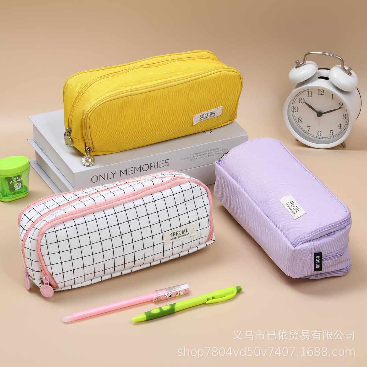 纯色双层笔袋批发牛津布大容量手提式笔袋简约双拉链小学生文具盒
