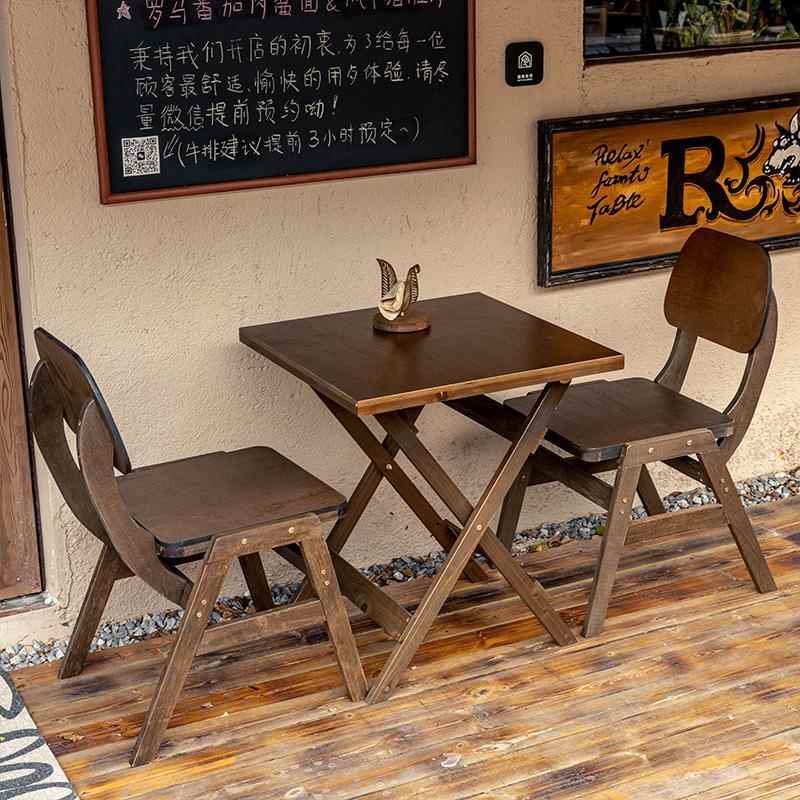 复古实木折叠桌子阳台桌室内户外靠背椅子小户型小茶几圆桌咖啡桌