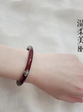 新款坠西藏天然正品鸡血手镯女吊款男藤藏银铃铛镯情侣族风木民质