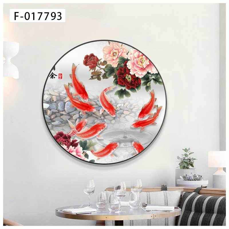 圆形荷花鲤鱼图装饰画走廊玄关画新中式九鱼图聚财客厅沙发挂画图片