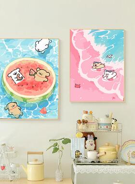 夏日多巴胺线 线条小狗可爱饭厅装饰画 画ins卡通儿童房卧室床头