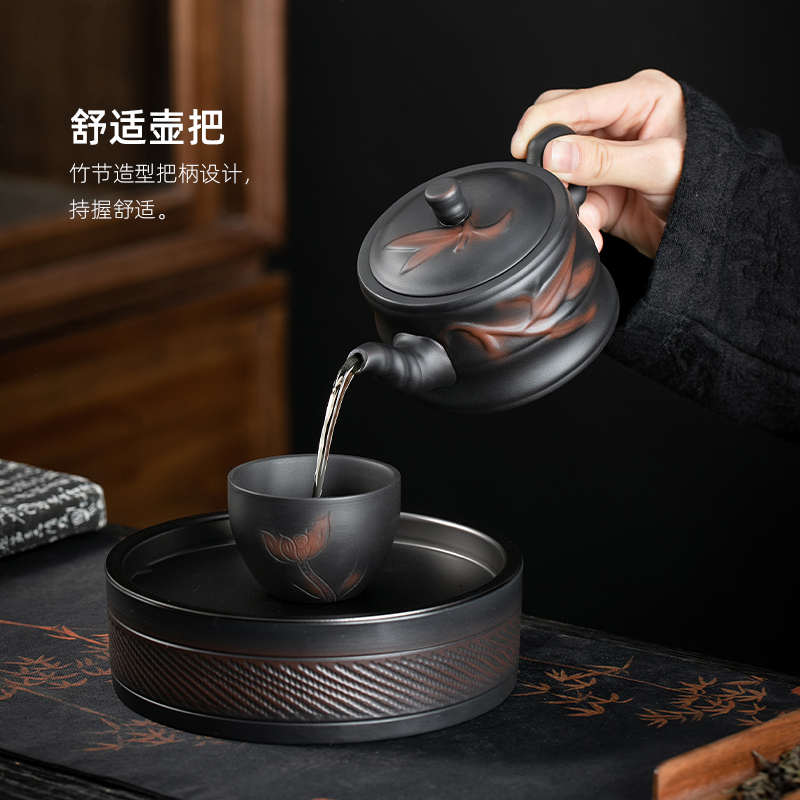 紫陶茶壶单个大号雕花陶瓷家用小泡茶器功夫茶具纯手工刻花竹节壶