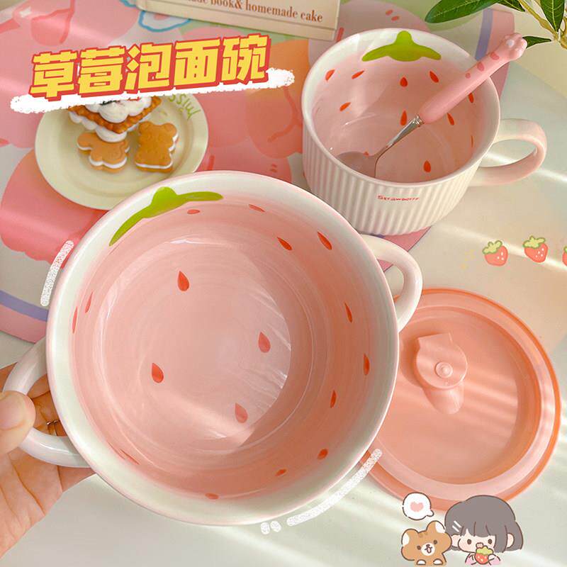 可爱泡面碗陶瓷学生宿舍用饭盒个人新款家用上班饭碗双耳带盖瓷碗
