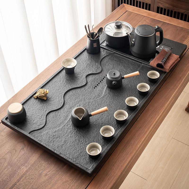 整块天然乌金石茶盘全自动一体烧水功夫茶具套组客厅大茶台石茶海