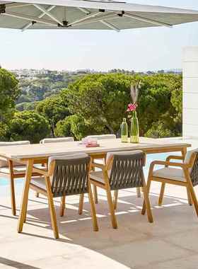 户外柚木桌椅庭组合露天别木墅51379花园酒院店腐柚长桌休闲藤防