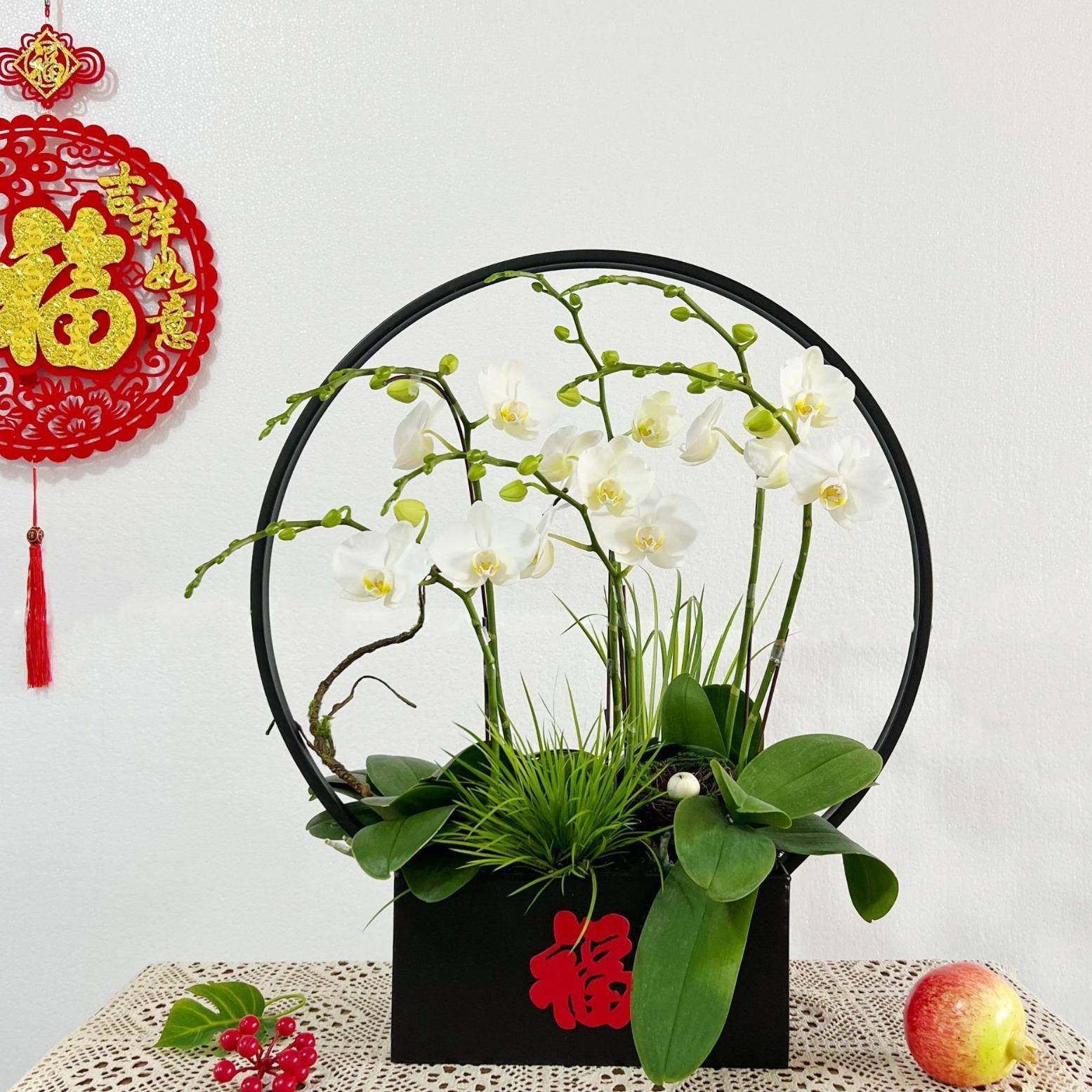 新中式蝴蝶兰花盆LED灯圈年宵花器花篮金属福桶桌面玄关摆件