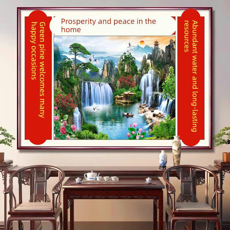 中堂屋客厅挂画农村大堂山水风景流水生财装饰画大厅大气牌匾字画