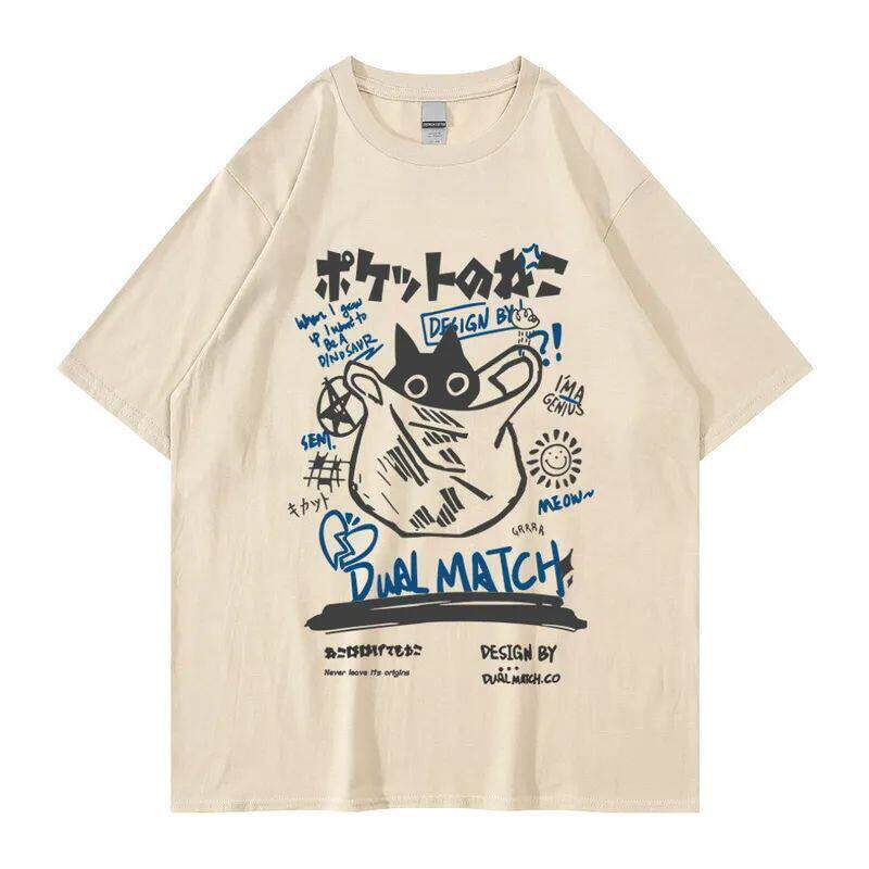 Hip Hop T-Shirt Men Sreetwear Japanese Kanji Funny Cat Print - 实物图