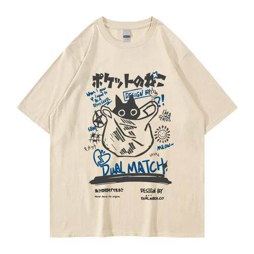 Hip Hop T-Shirt Men Sreetwear Japanese Kanji Funny Cat Print