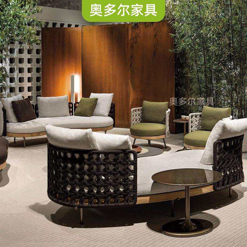户外藤编庭院柚木沙发花园弧形圆单人阳台实木样板房露天别墅家具