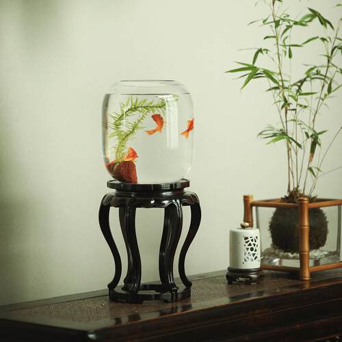 大相莲花 新中式案头小鱼缸 古法养鱼生态缸 手作黑檀木玻璃鱼缸