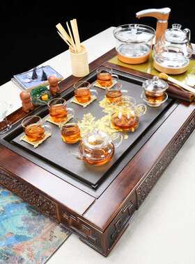 吉祥如意牡丹柴火烧实木大茶盘乌金石茶海茶具套装电器四合一茶台