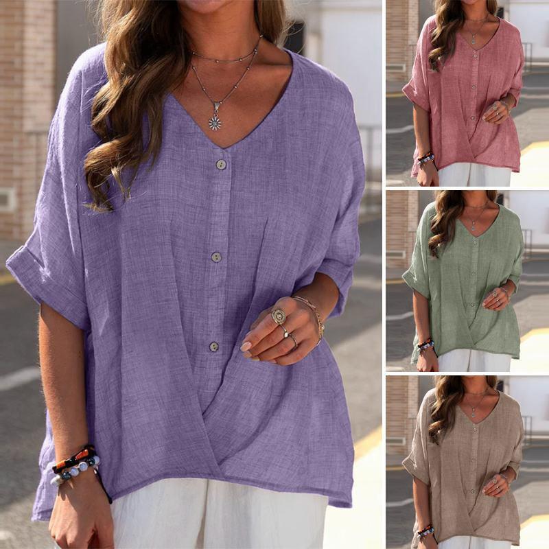 Cotton and Linen V-neck Pullover Short Sleeve Loose Fit
