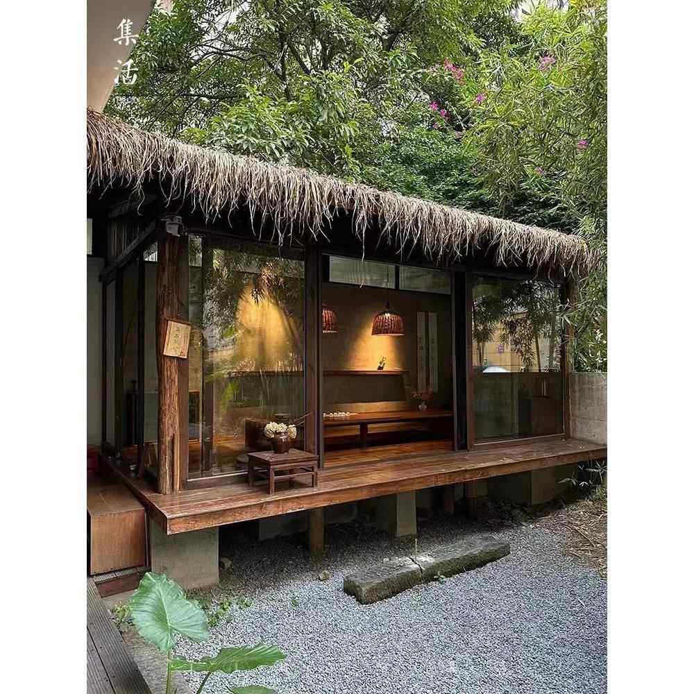 茅草屋网红木屋乡村大院户外园林景观大院茶室防腐木亭户外茅草屋