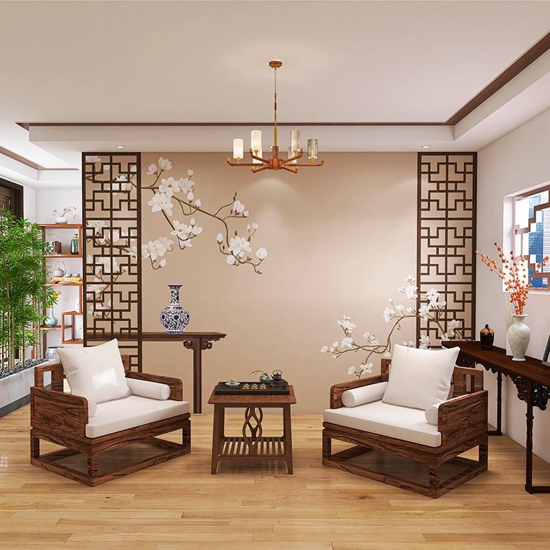 现代中式3D山形花鸟墙纸客厅电视背景墙壁纸沙发茶室壁画影视墙布