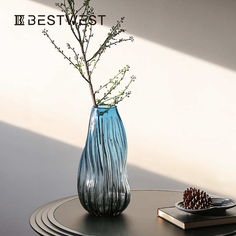 Best west 冰川蓝条纹小口扭曲手工水培玻璃花瓶家居装饰品花器