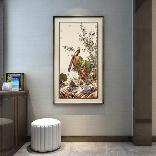 古典工笔花鸟玄关走廊过道挂画客厅花鸟画风水画锦春图铜板画白色