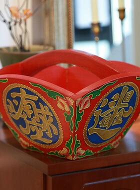 纯手工彩绘老榆木米斗升实木杂物收纳盒摆件中式玄关钥匙储物盒