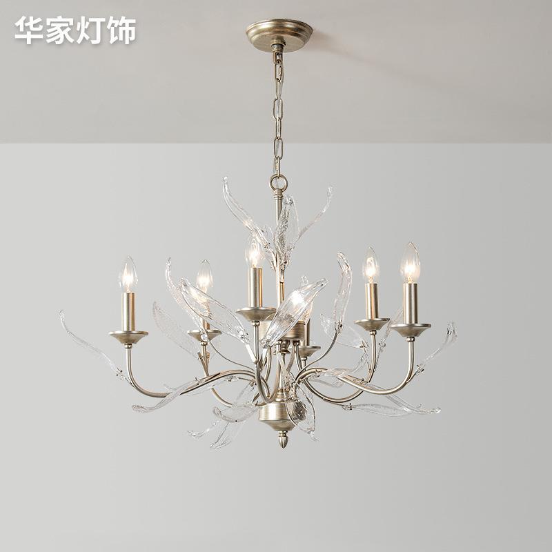 美式乡村吊灯家用客厅吊灯创意卧室灯具玻璃叶子复古银法式餐厅灯