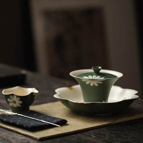 弥言诧寂风复古粉引盖碗纯手工陶瓷薄胎泡茶碗茶杯手绘雏菊泡茶器