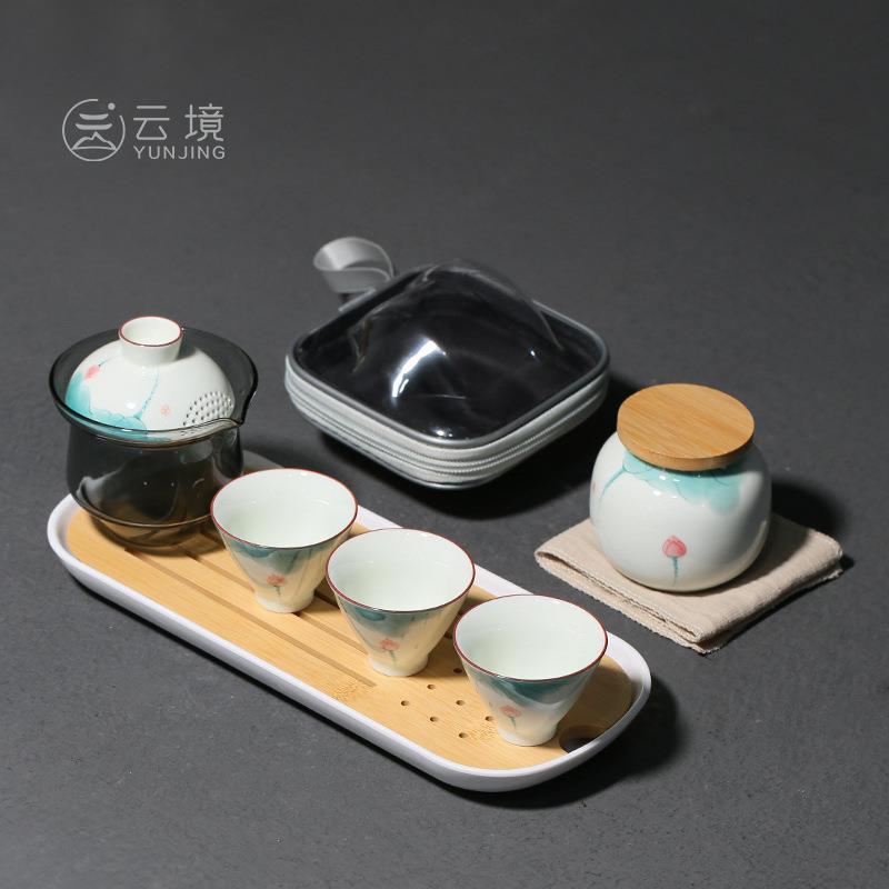釉下彩手绘荷花一壶三杯玻璃快客杯 便携式旅行茶具功夫套装