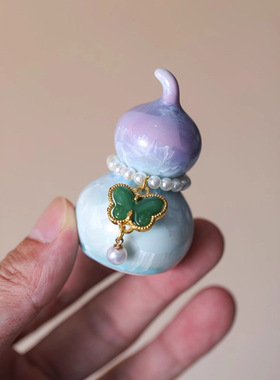 结晶釉迷你小葫芦女士高颜值福禄摆件文创礼品小清新茶宠配件