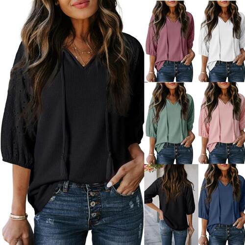 Women'S V Neck Tops With Tassels 3/4 Sleeve Embroidered