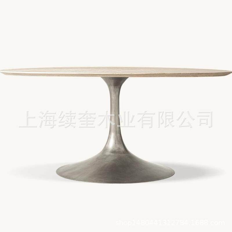 RH简约天然洞石圆形桌餐椅组合家用餐厅家具别墅亚马逊出口工厂