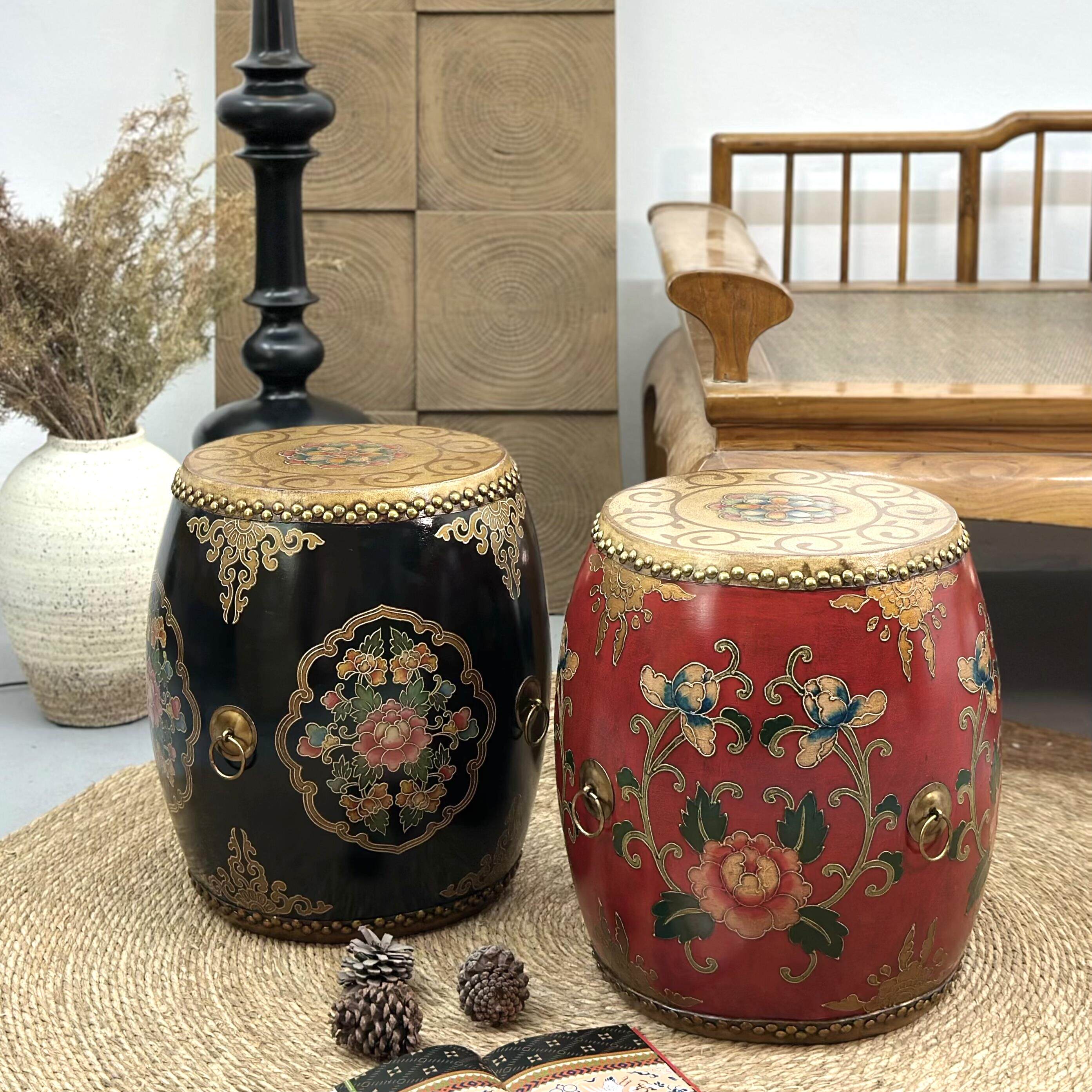 中式鼓凳鼓墩牛皮鼓实木彩绘餐凳彷古做旧圆凳餐凳茶桌凳古筝凳