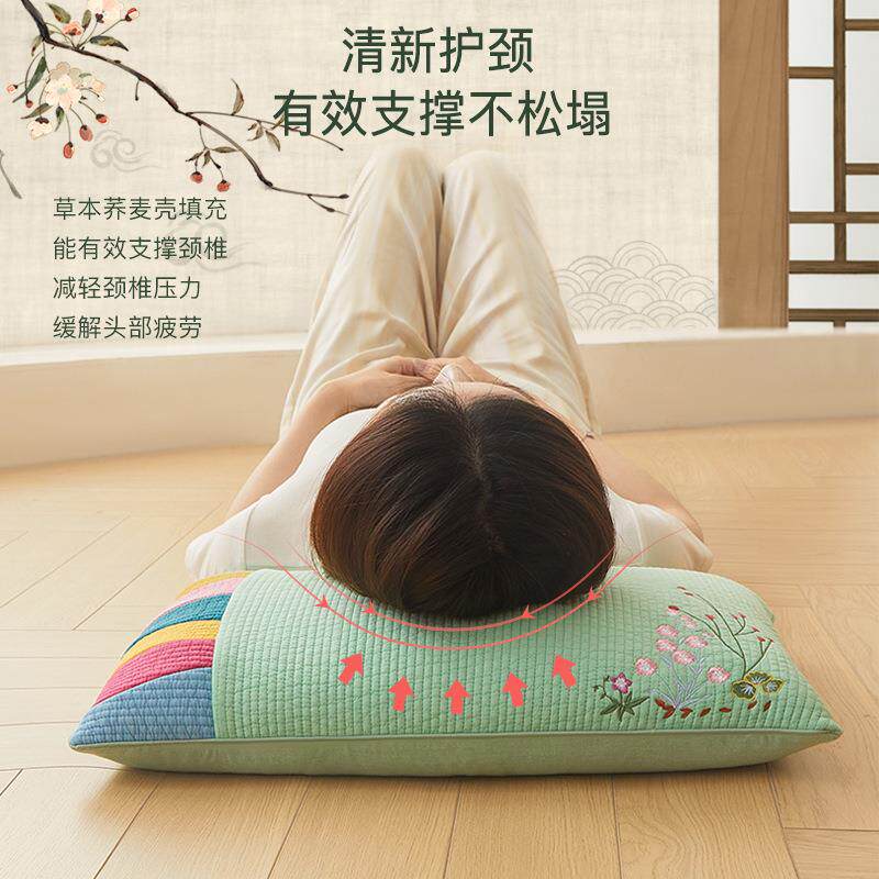 砂洗繁花韩式荞颈枕头学成人儿童纯荞麦麦皮全荞麦壳硬枕芯生枕家